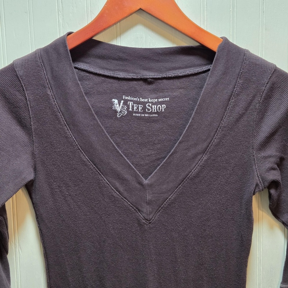 VS Tee Shop Shirt Womens Small Brown Solid V Neck 3/4 Sleeve Tunic Knit Top